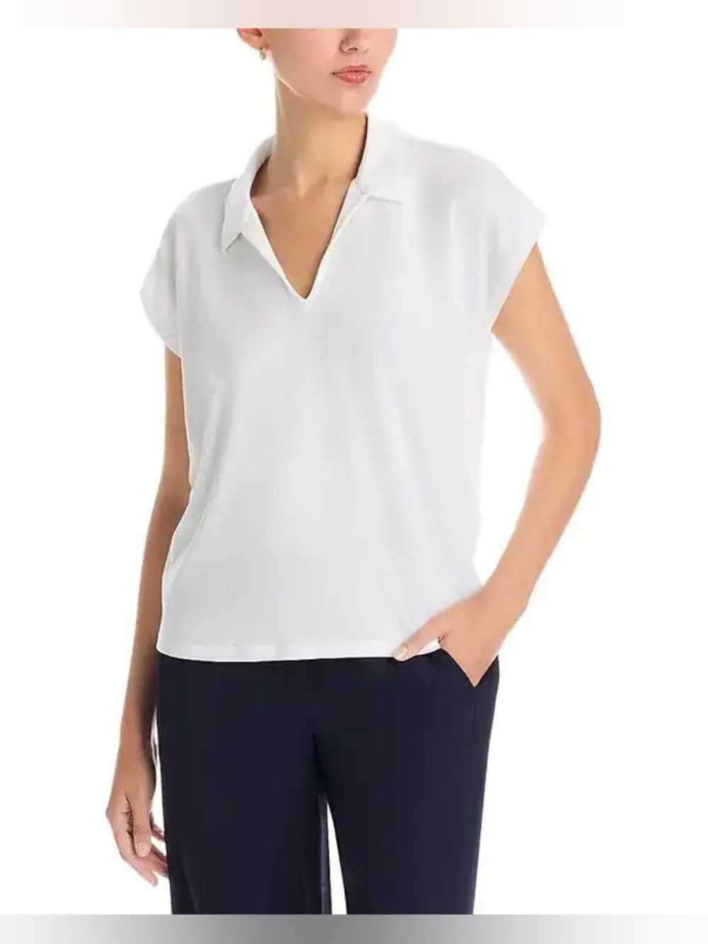 Eileen Fisher White Collared V‑Neck Cap Sleeve Top Retail $138